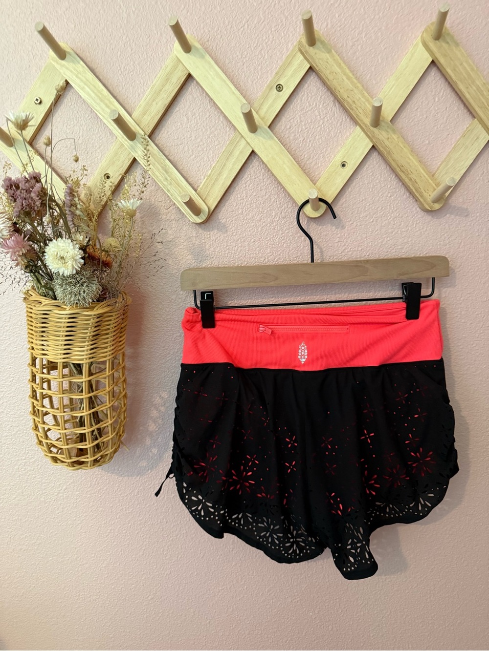 Free People Movement Black Laser-Cut Athletic Shorts with Coral Biker